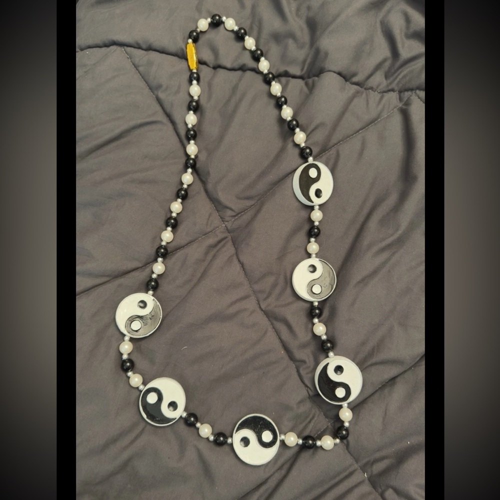 Yin Yang Black and White Mardi Gras Beaded Necklace